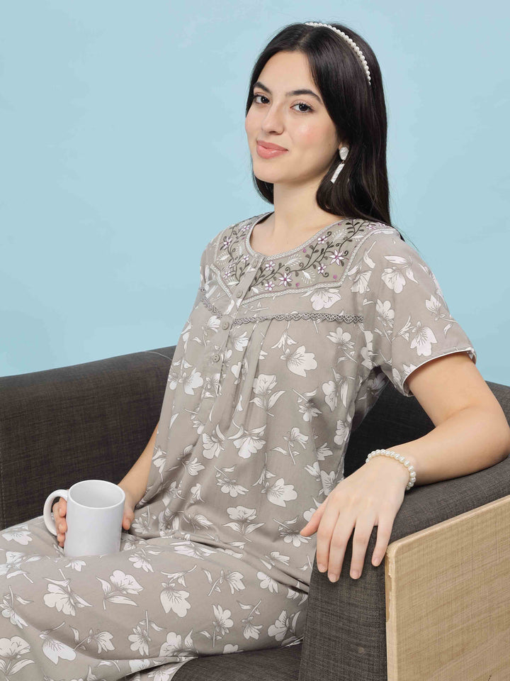 Elegant Light Grey Pleated Designer Nighty with Embroidery & Pocket