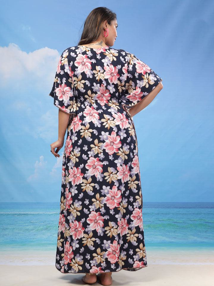 Navy Blue Rayon Kaftan: Flowy Sleeves