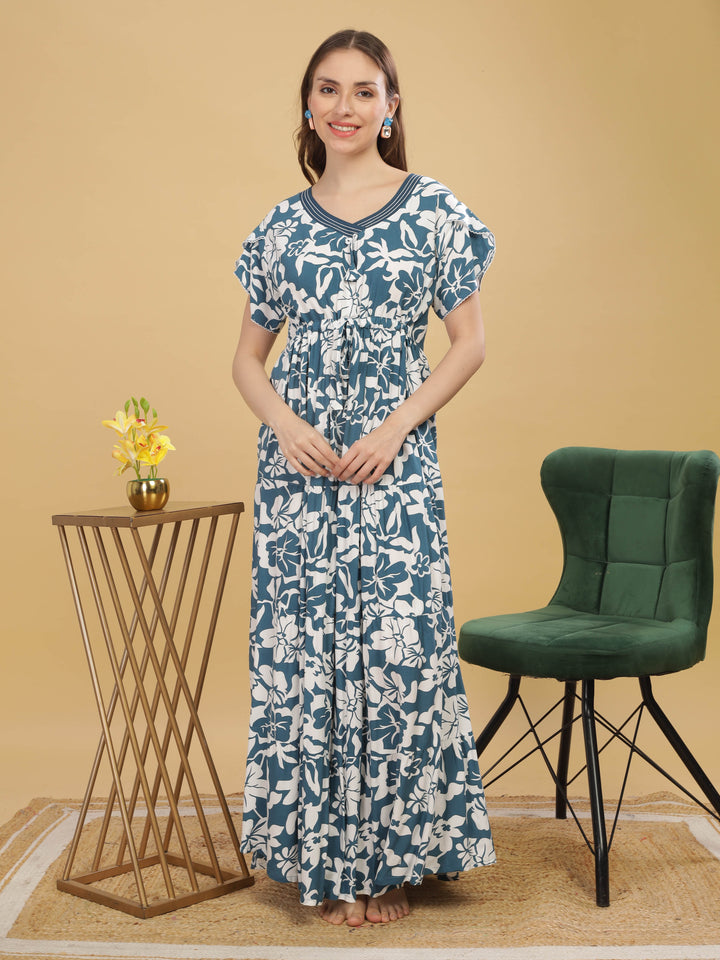 Women's Blue Rayon Floral Print Nighty - V-Neck Maxi Nightdress