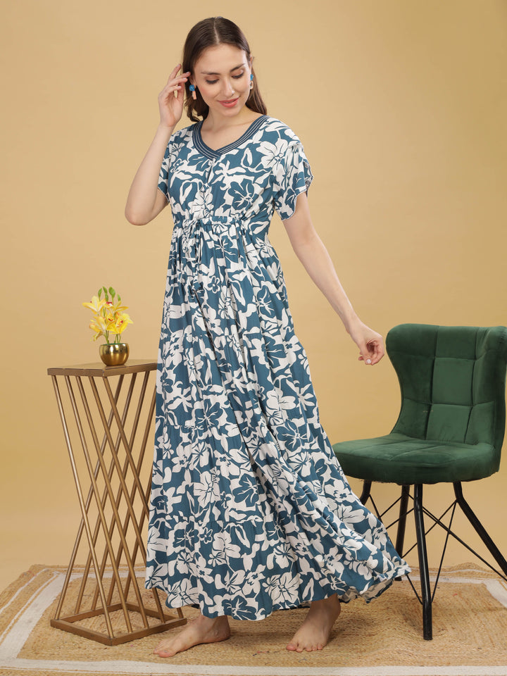 Women's Blue Rayon Floral Print Nighty - V-Neck Maxi Nightdress