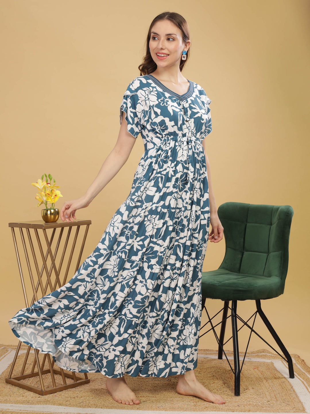 Women's Blue Rayon Floral Print Nighty - V-Neck Maxi Nightdress