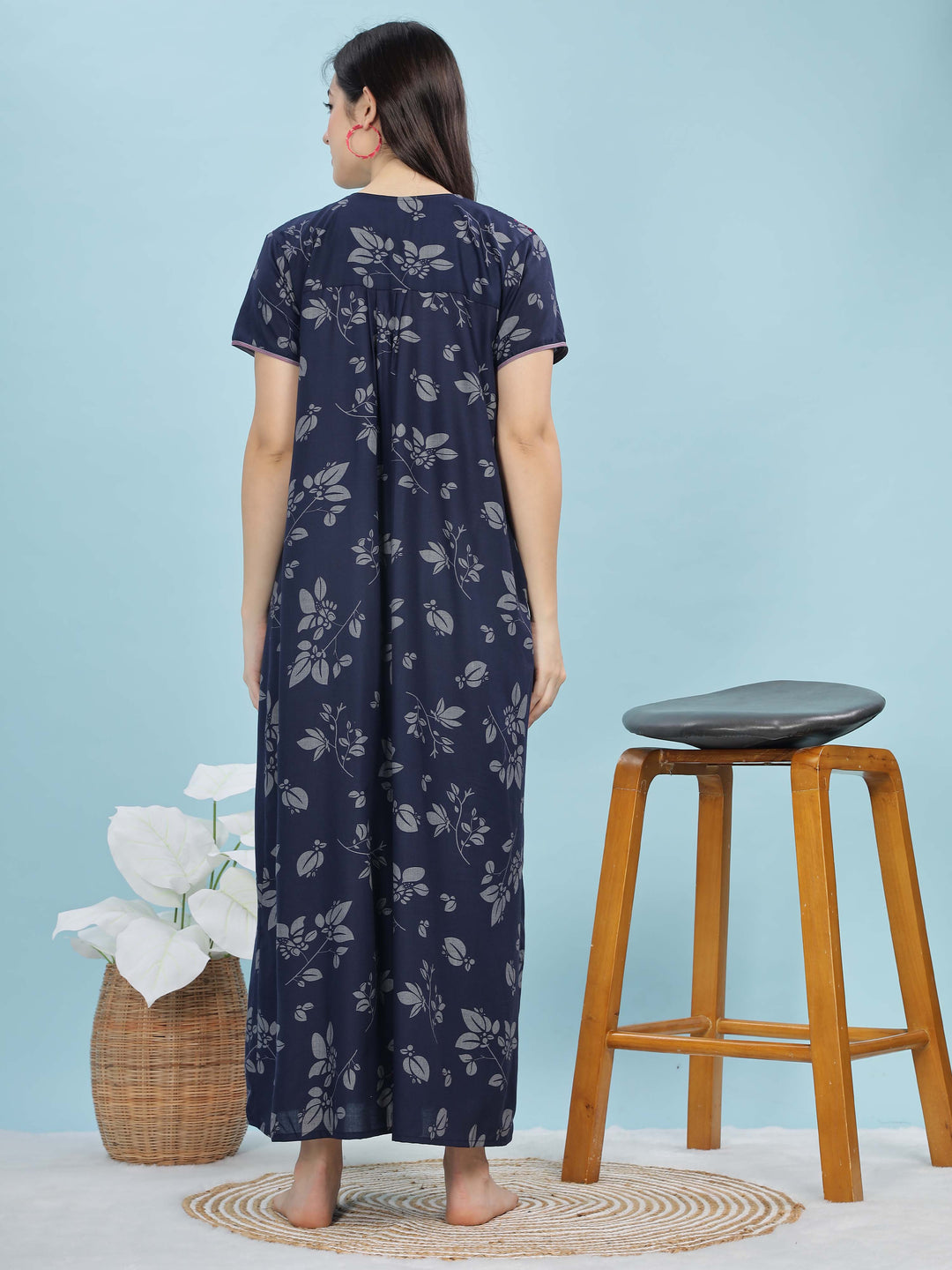 Stylish Navy Blue Nighty with Embroidered Neckline