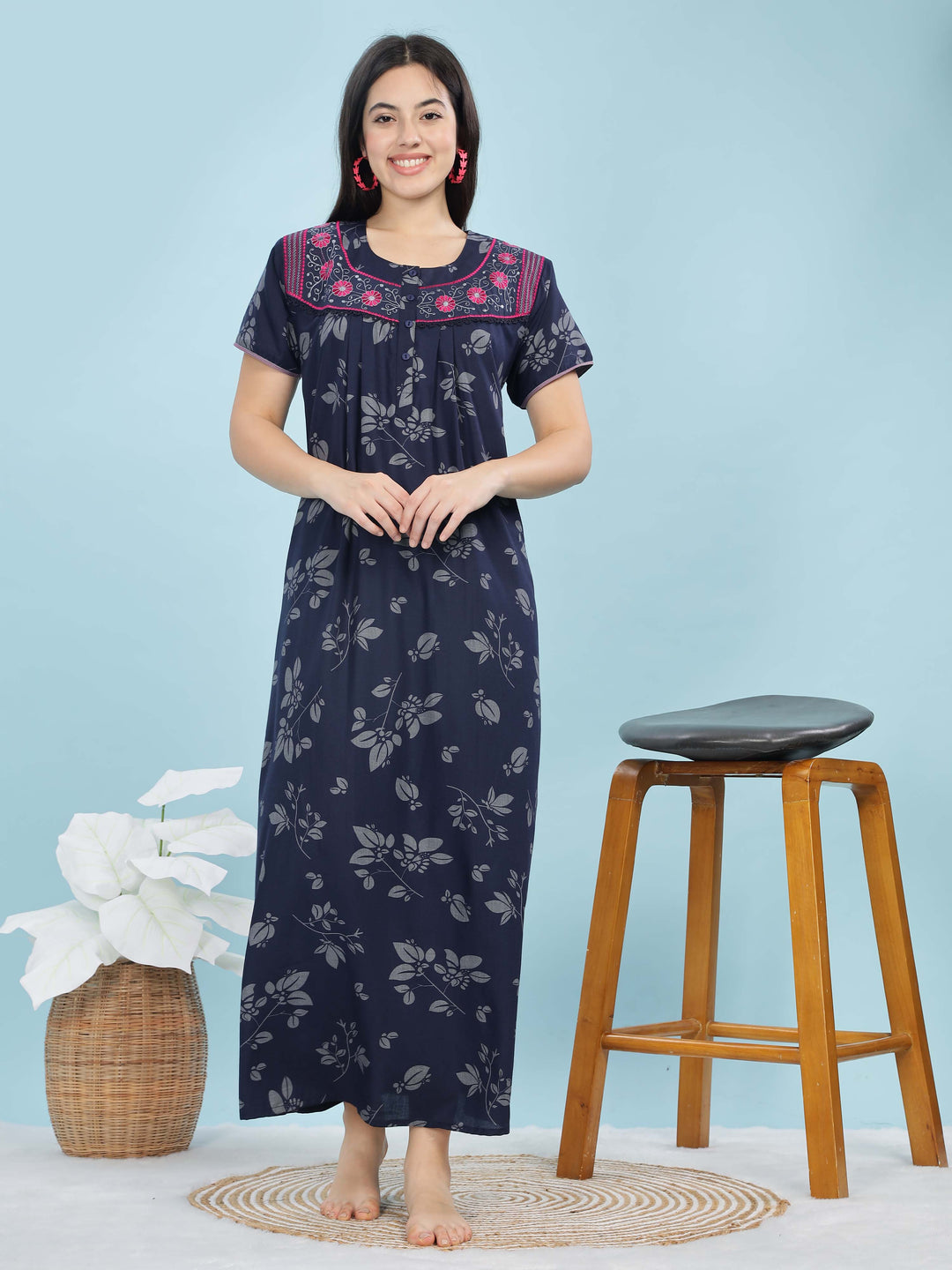 Stylish Navy Blue Nighty with Embroidered Neckline