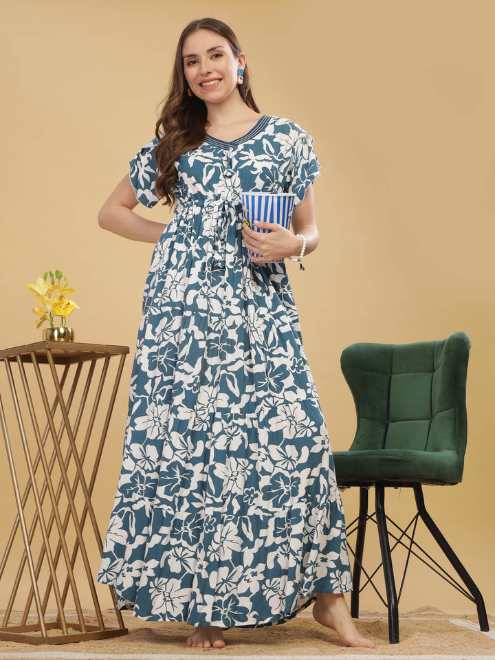 Women's Blue Rayon Floral Print Nighty - V-Neck Maxi Nightdress