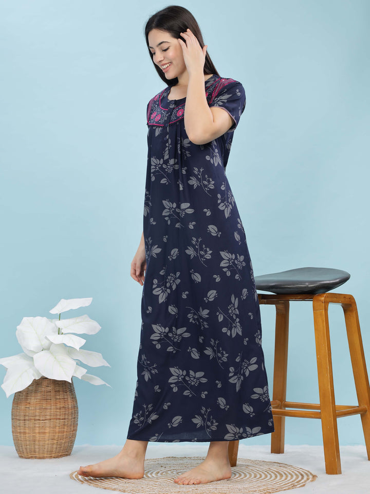 Stylish Navy Blue Nighty with Embroidered Neckline