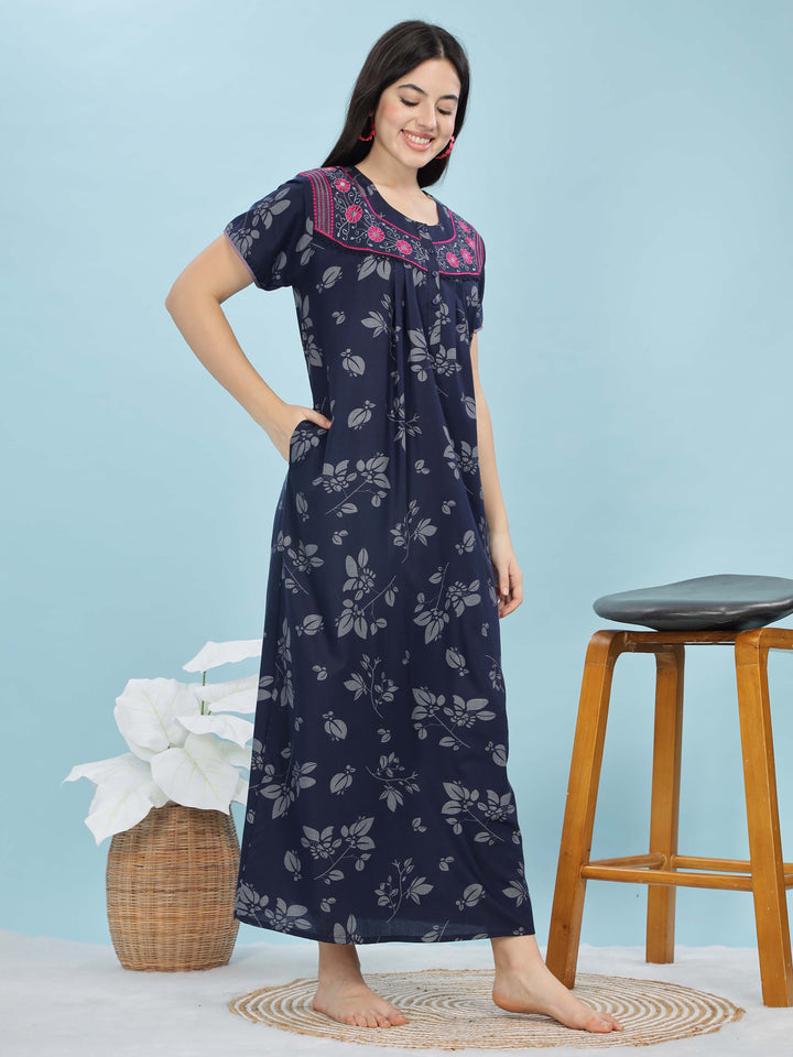 Stylish Navy Blue Nighty with Embroidered Neckline