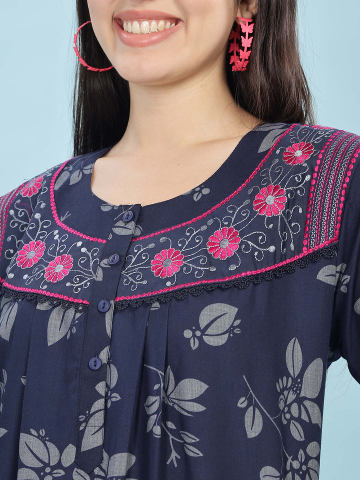 Stylish Navy Blue Nighty with Embroidered Neckline