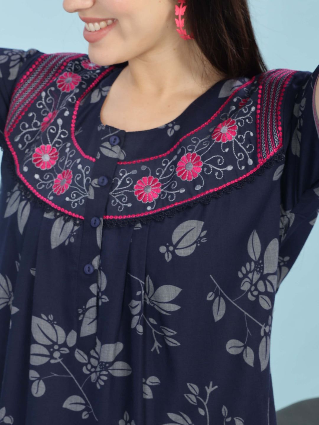 Stylish Navy Blue Nighty with Embroidered Neckline