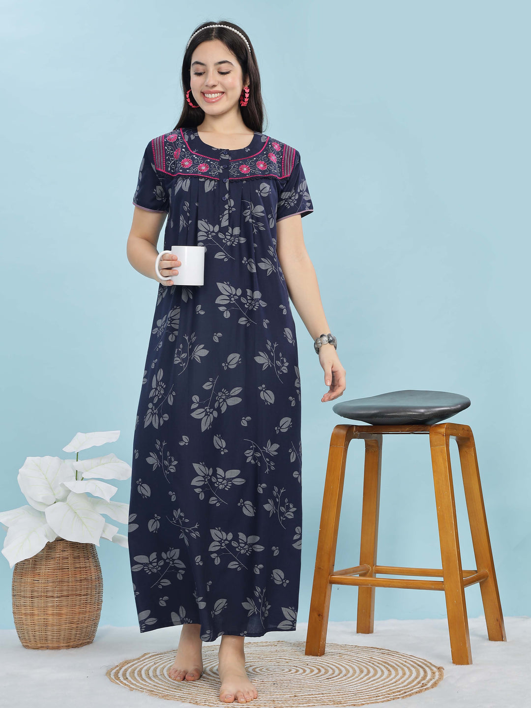 Stylish Navy Blue Nighty with Embroidered Neckline