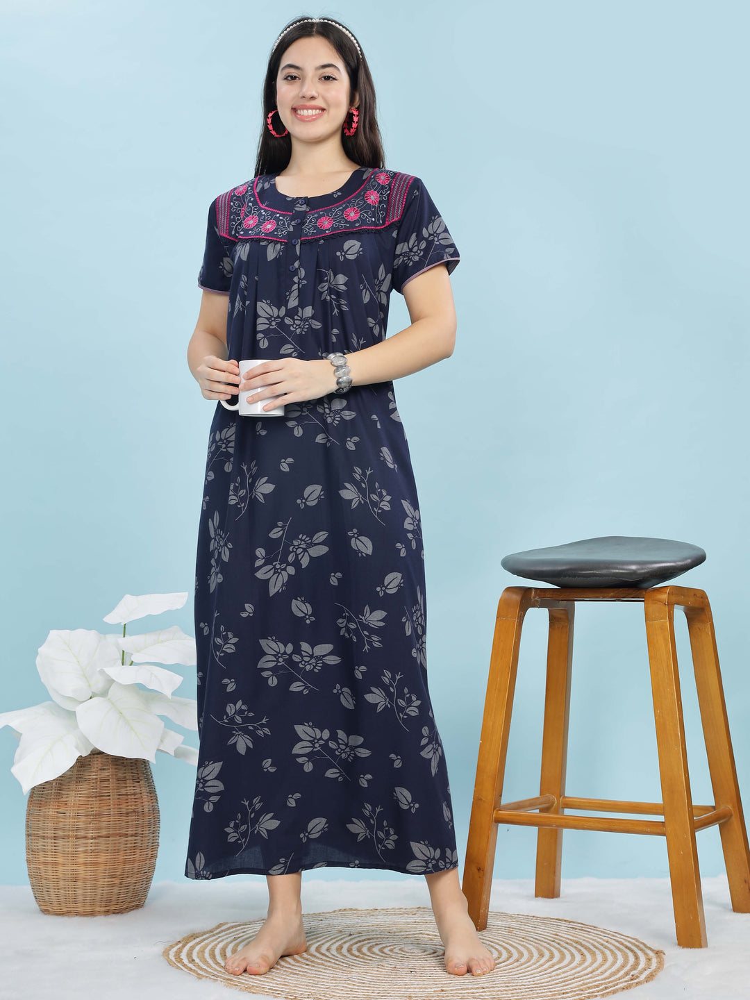 Stylish Navy Blue Nighty with Embroidered Neckline