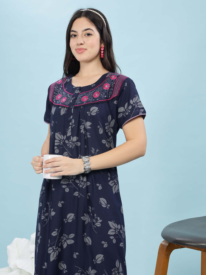 Stylish Navy Blue Nighty with Embroidered Neckline