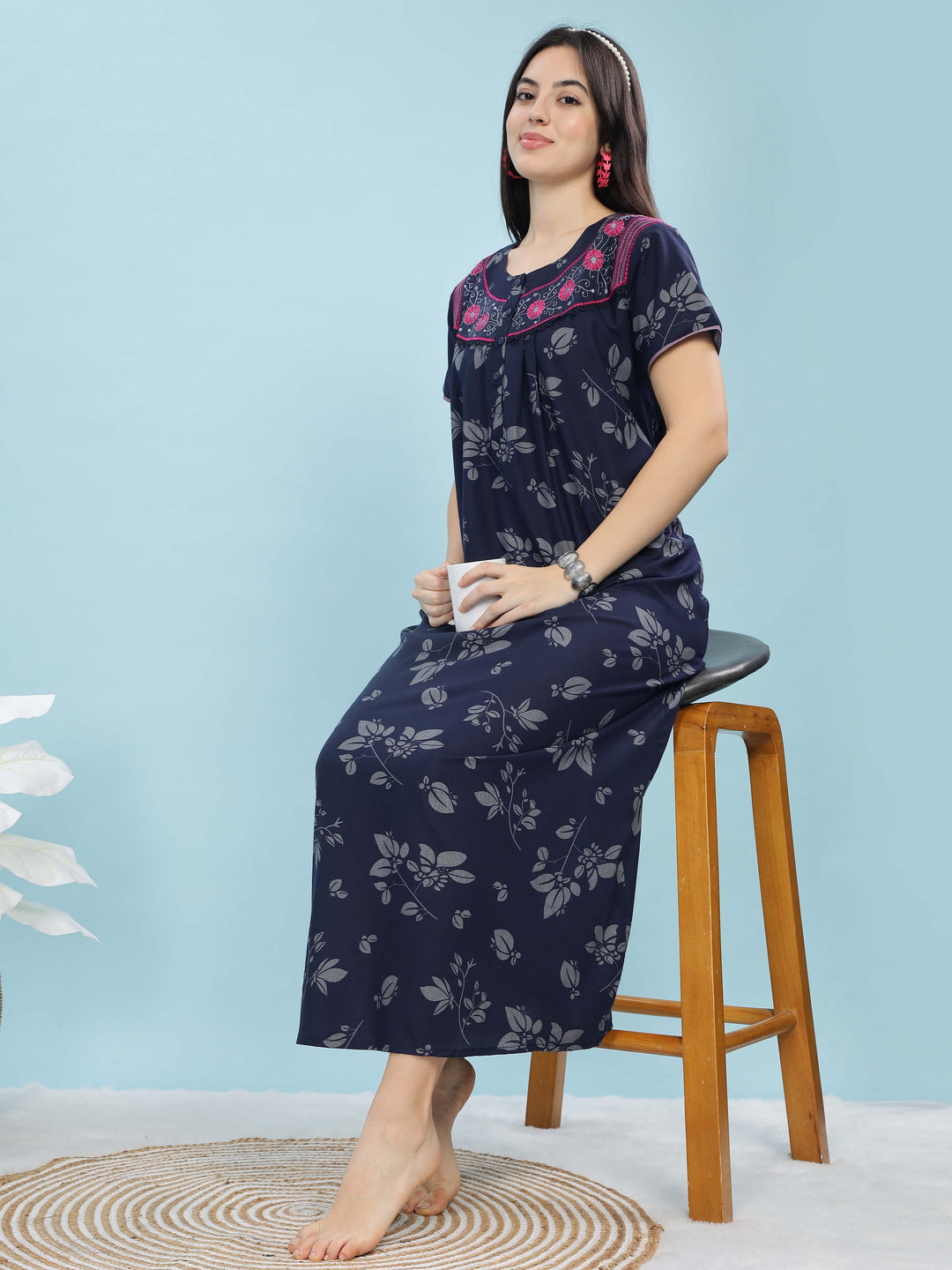 Stylish Navy Blue Nighty with Embroidered Neckline