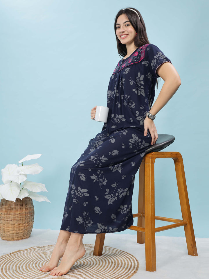 Stylish Navy Blue Nighty with Embroidered Neckline