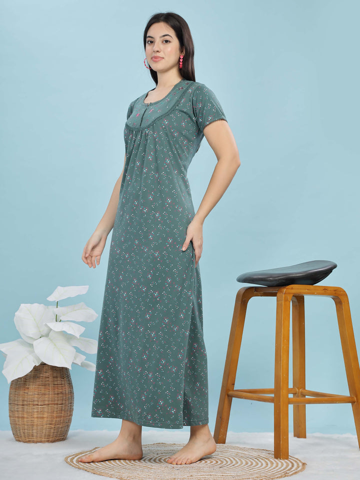 Jade Green Cotton Blend Maxi Nightdress for Women With Stylish Comfort