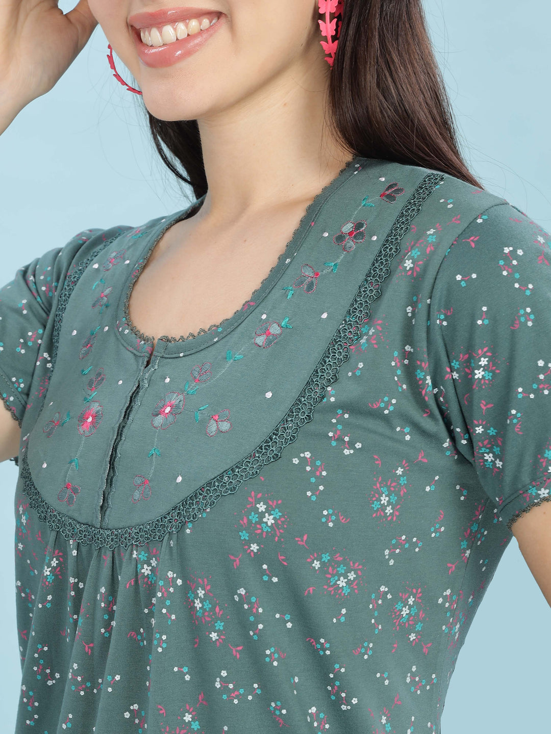 Jade Green Cotton Blend Maxi Nightdress for Women With Stylish Comfort