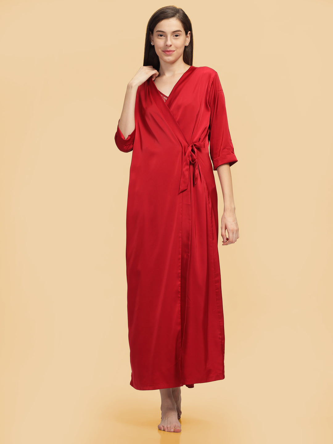 Honeymoon Night Lace Red Long Robe With Long Gown