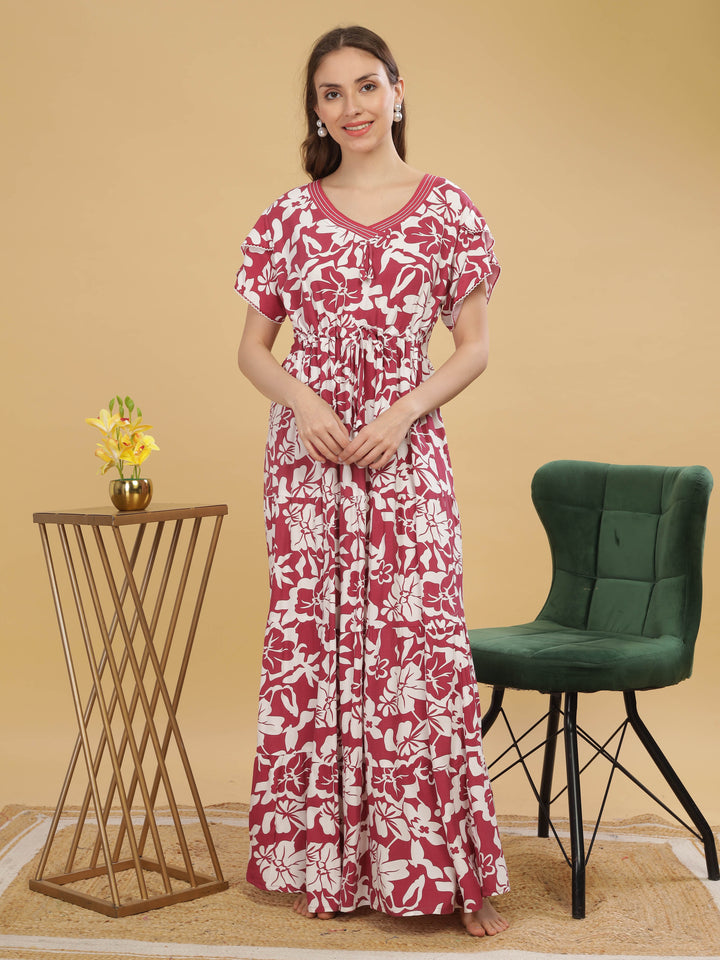 Women's Dark Pink Designer Nighty - Floral V-Neck Rayon Maxi Dress