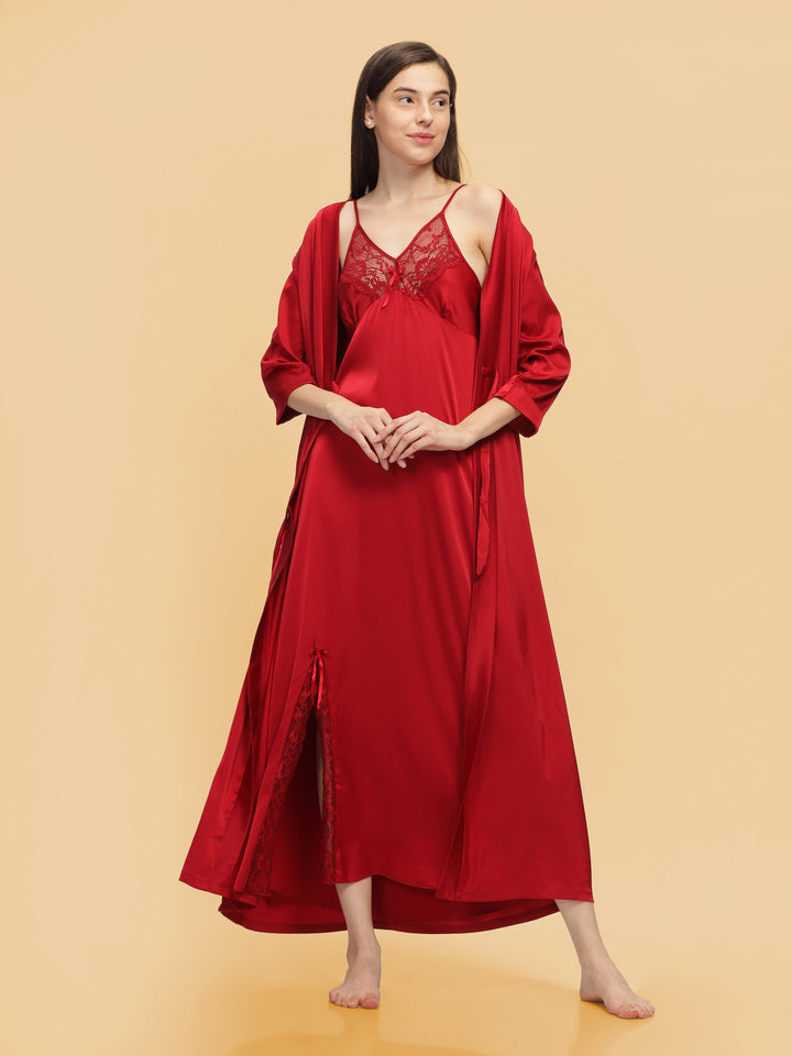 Honeymoon Night Lace Red Long Robe With Long Gown