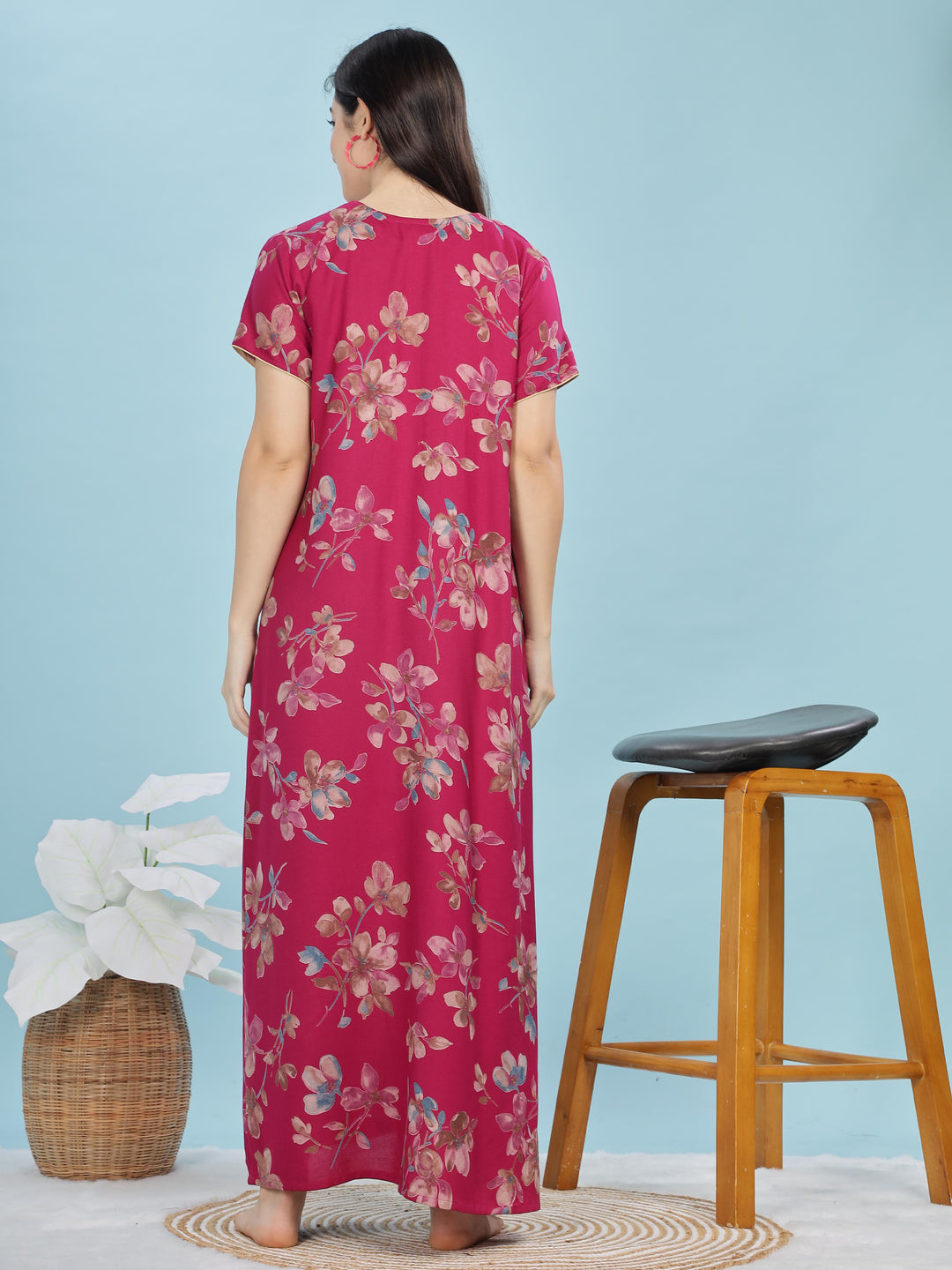 Fuchsia Floral A-Line Nighty | Soft Alpine Maxi with Right-Side Pocket