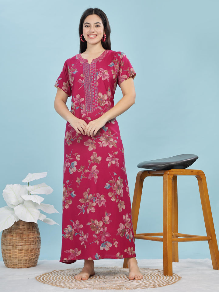 Fuchsia Floral A-Line Nighty | Soft Alpine Maxi with Right-Side Pocket