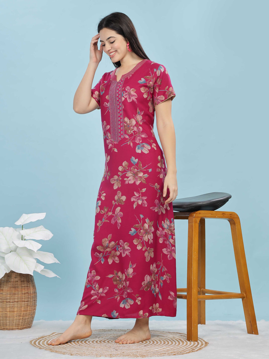 Fuchsia Floral A-Line Nighty | Soft Alpine Maxi with Right-Side Pocket