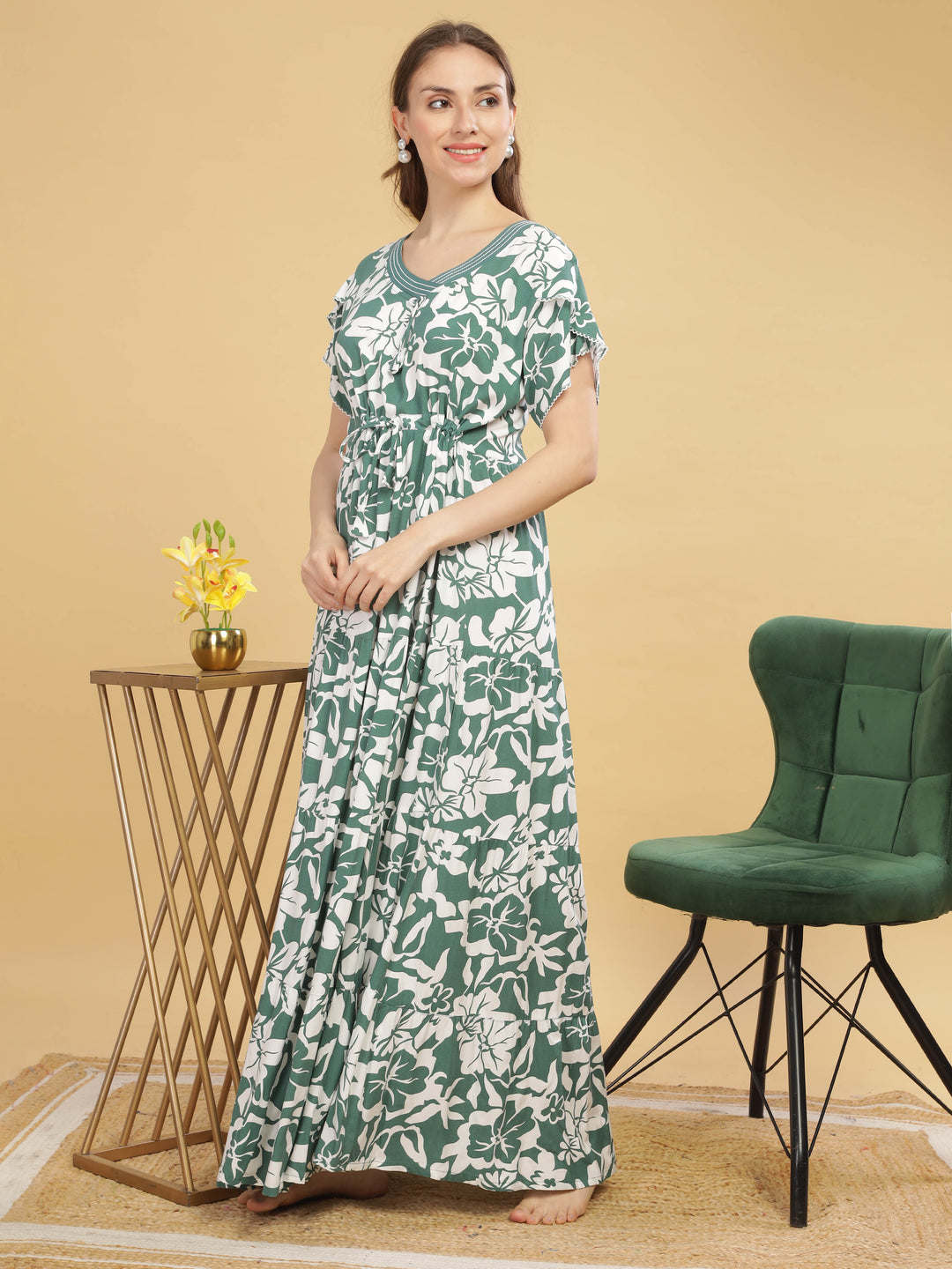 Women's Green Floral Nighty - Rayon V-Neck Maxi Nightdress for Comfort