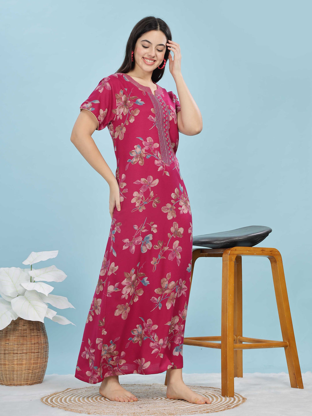 Fuchsia Floral A-Line Nighty | Soft Alpine Maxi with Right-Side Pocket