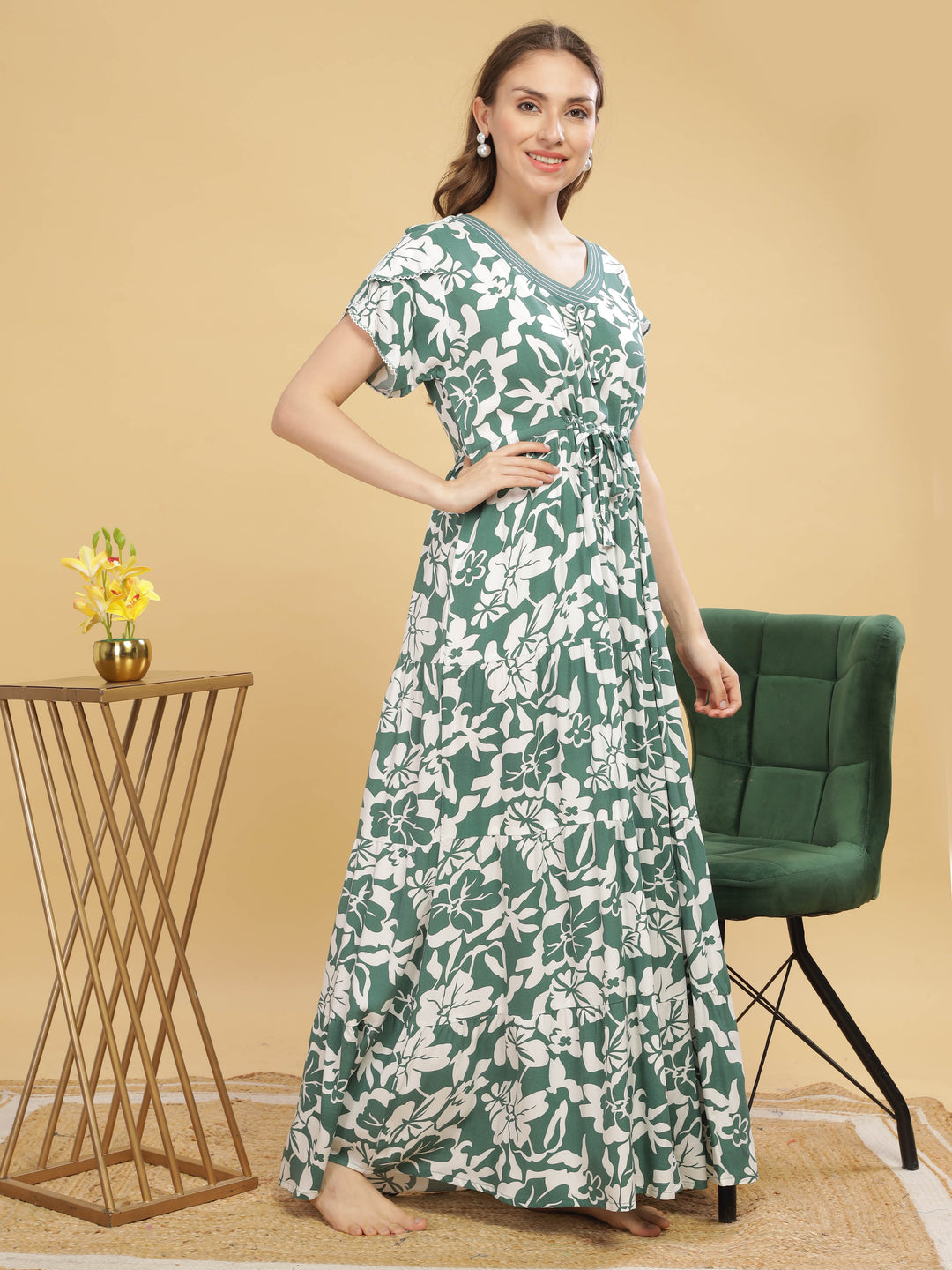 Women's Green Floral Nighty - Rayon V-Neck Maxi Nightdress for Comfort