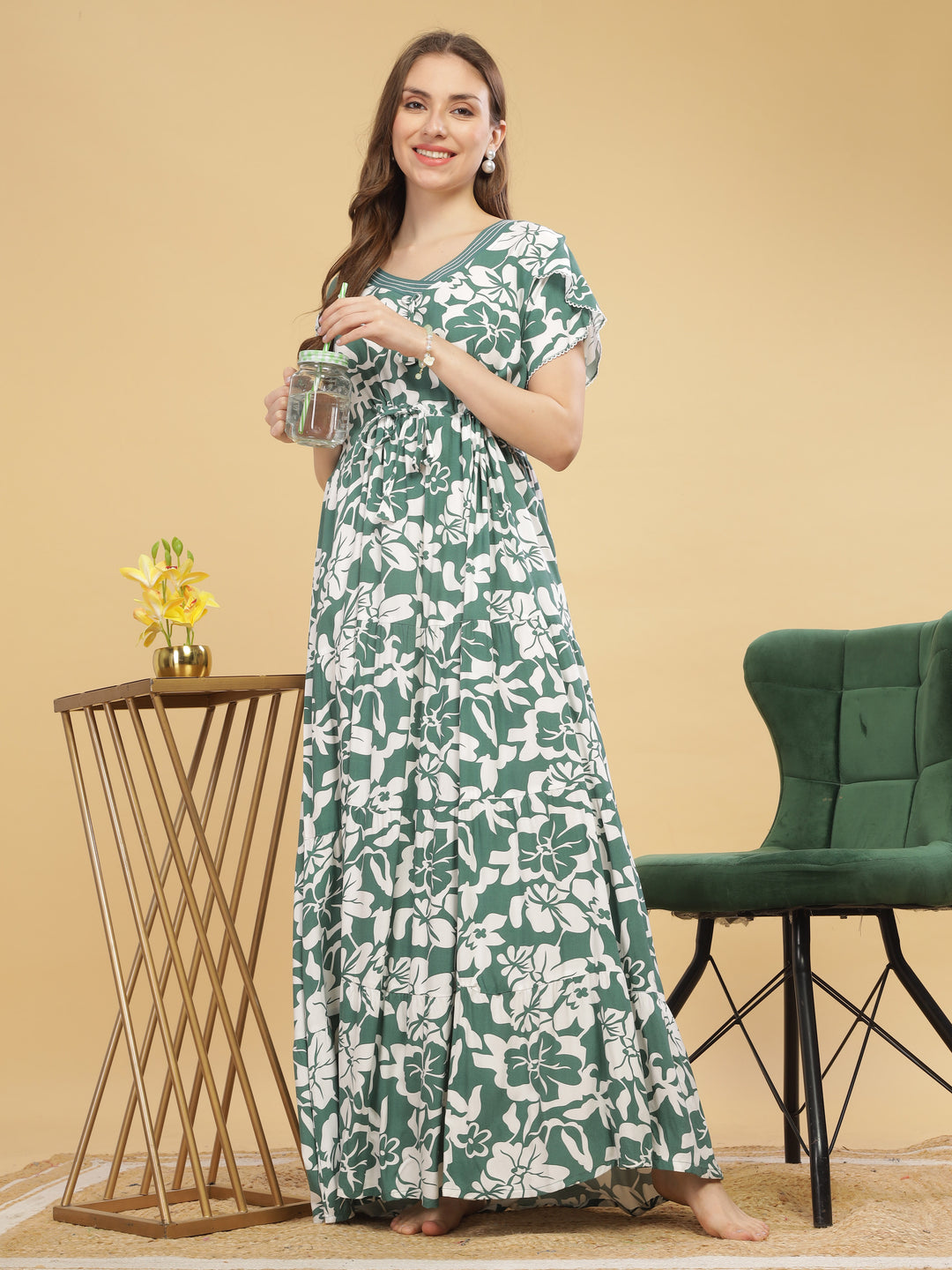 Women's Green Floral Nighty - Rayon V-Neck Maxi Nightdress for Comfort