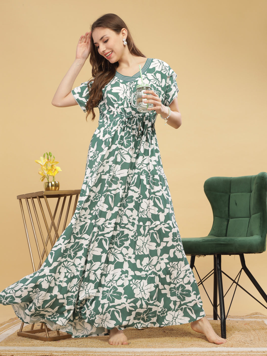 Women's Green Floral Nighty - Rayon V-Neck Maxi Nightdress for Comfort