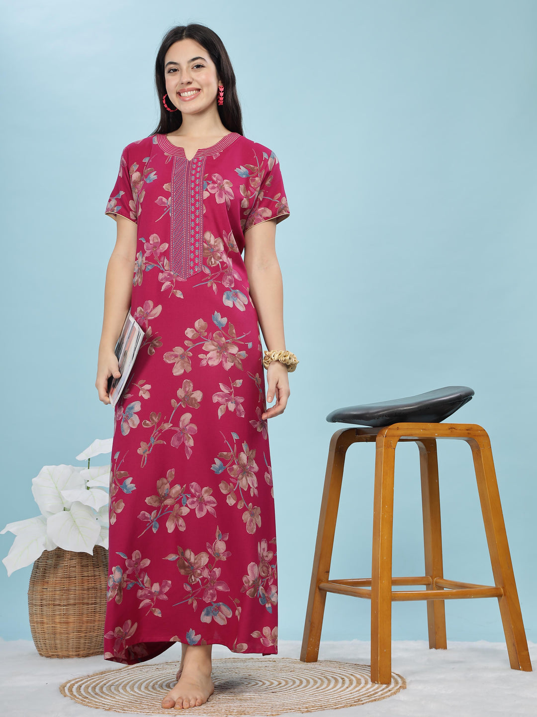 Fuchsia Floral A-Line Nighty | Soft Alpine Maxi with Right-Side Pocket