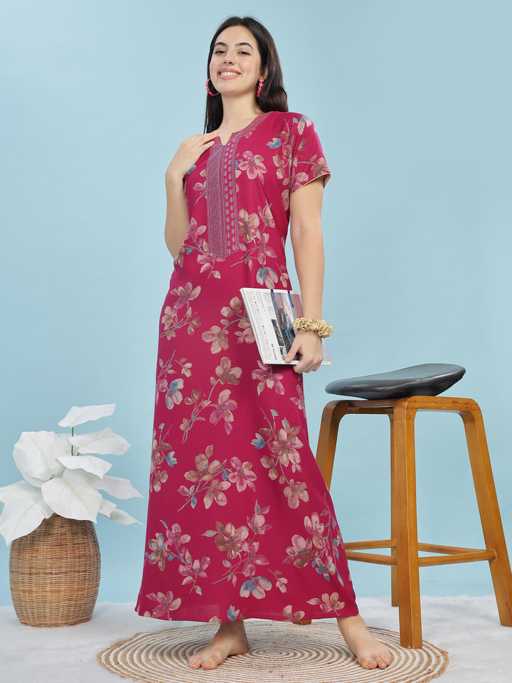 Fuchsia Floral A-Line Nighty | Soft Alpine Maxi with Right-Side Pocket