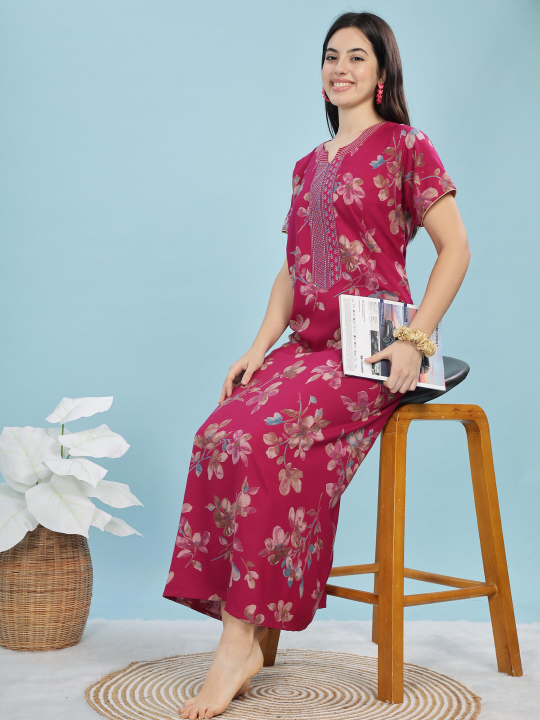 Fuchsia Floral A-Line Nighty | Soft Alpine Maxi with Right-Side Pocket