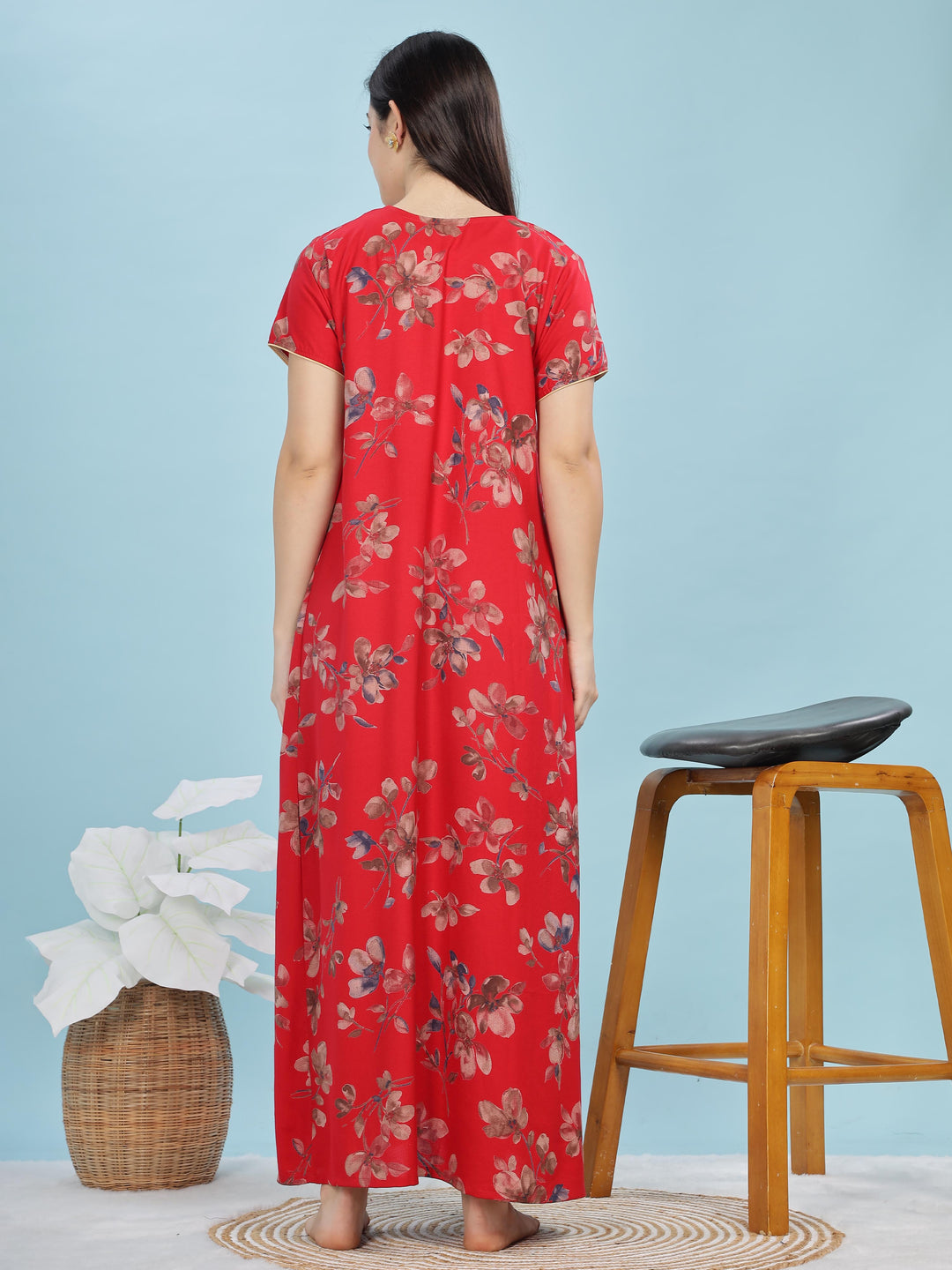 Red Floral A-Line Nighty | Stylish Alpine Maxi with Embroidered Neck