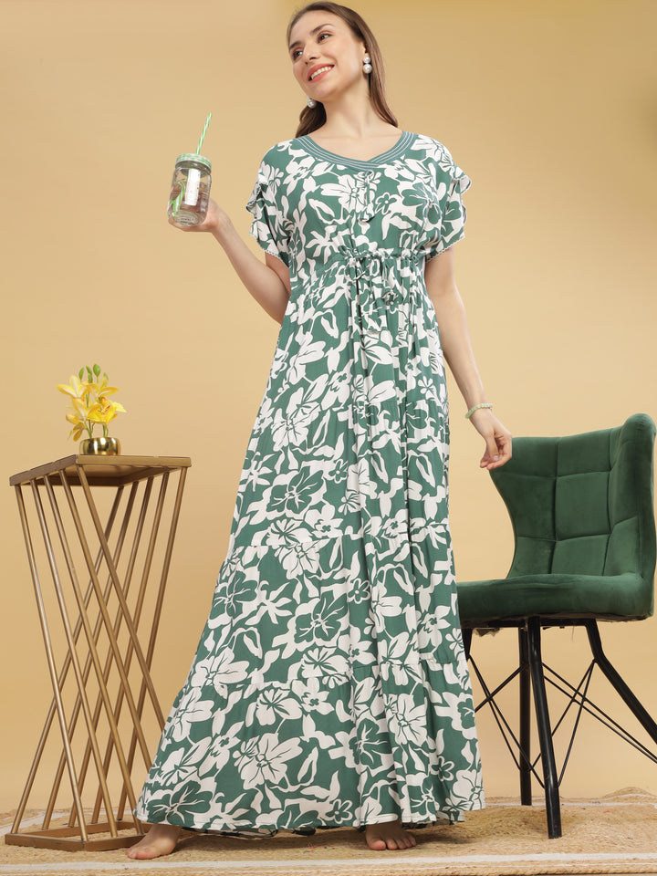 Women's Green Floral Nighty - Rayon V-Neck Maxi Nightdress for Comfort