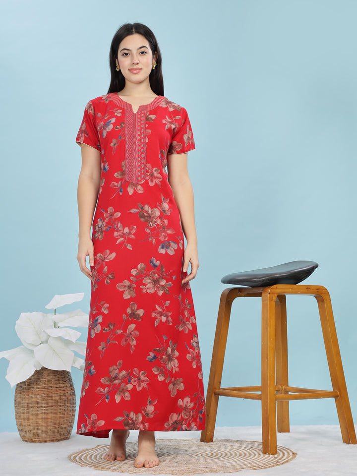 Red Floral A-Line Nighty | Stylish Alpine Maxi with Embroidered Neck