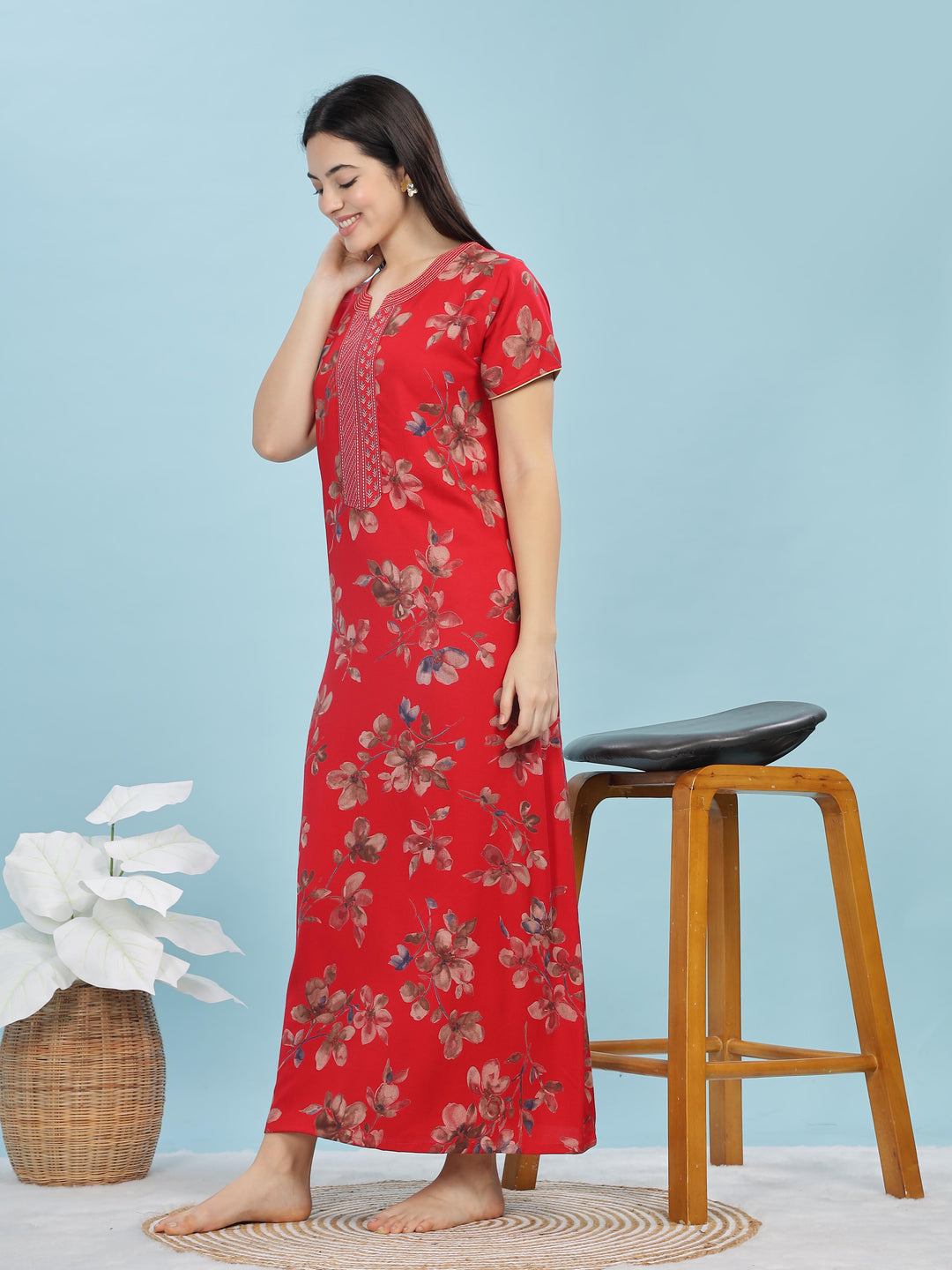 Red Floral A-Line Nighty | Stylish Alpine Maxi with Embroidered Neck