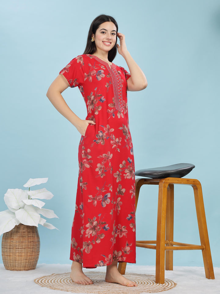 Red Floral A-Line Nighty | Stylish Alpine Maxi with Embroidered Neck