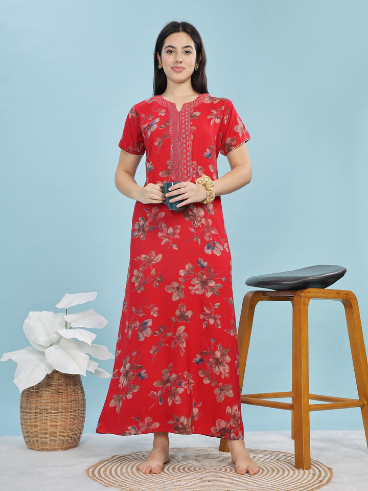 Red Floral A-Line Nighty | Stylish Alpine Maxi with Embroidered Neck