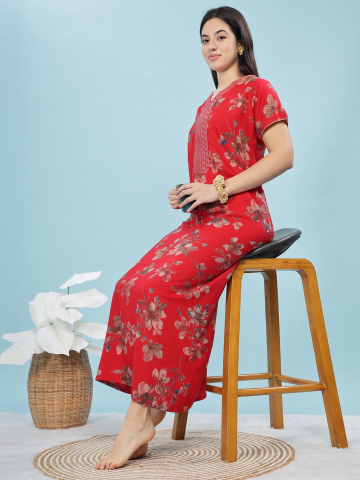 Red Floral A-Line Nighty | Stylish Alpine Maxi with Embroidered Neck