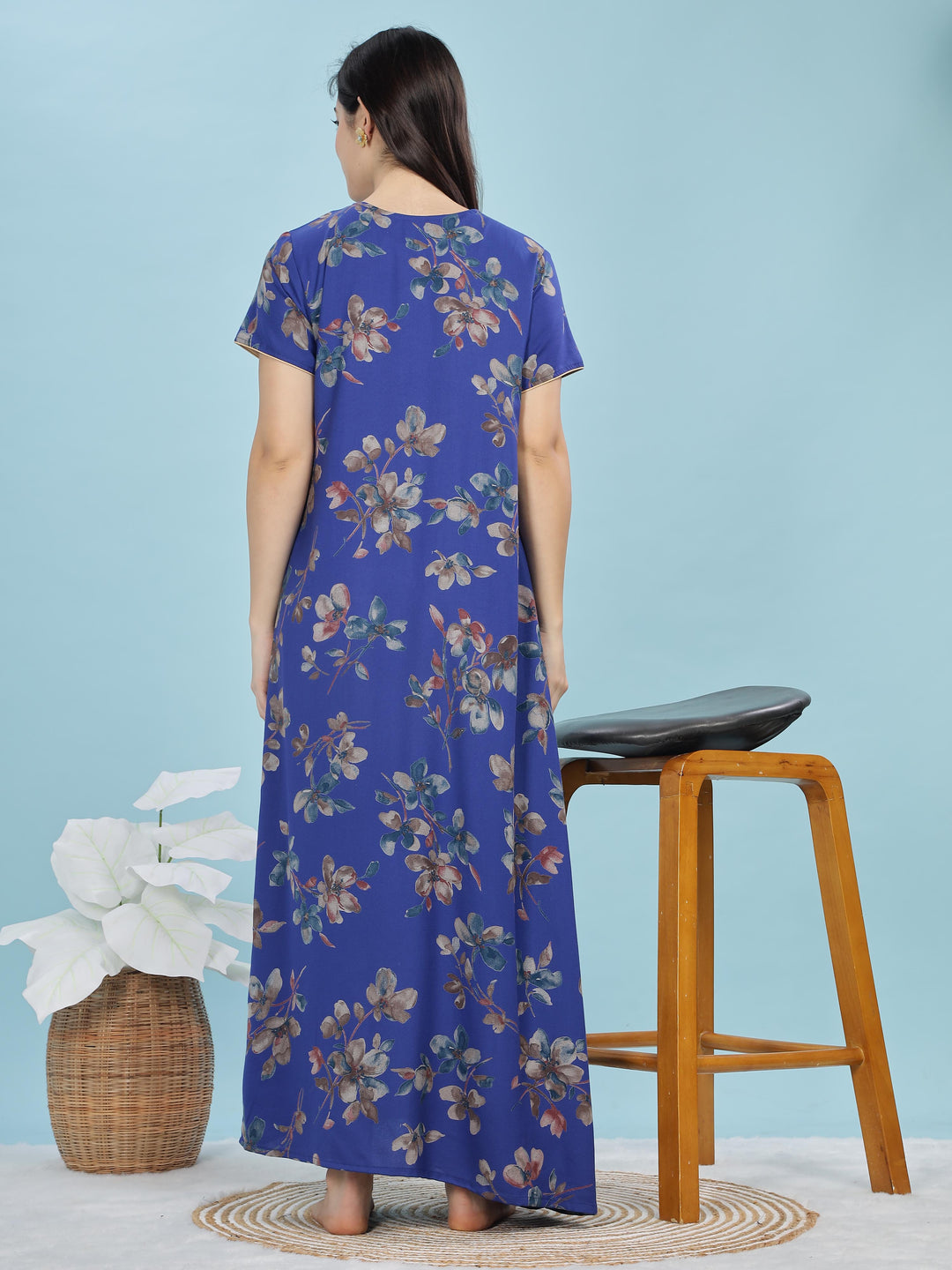 Cobalt Blue Floral A-Line Nighty | Elegant Alpine Maxi with Pocket