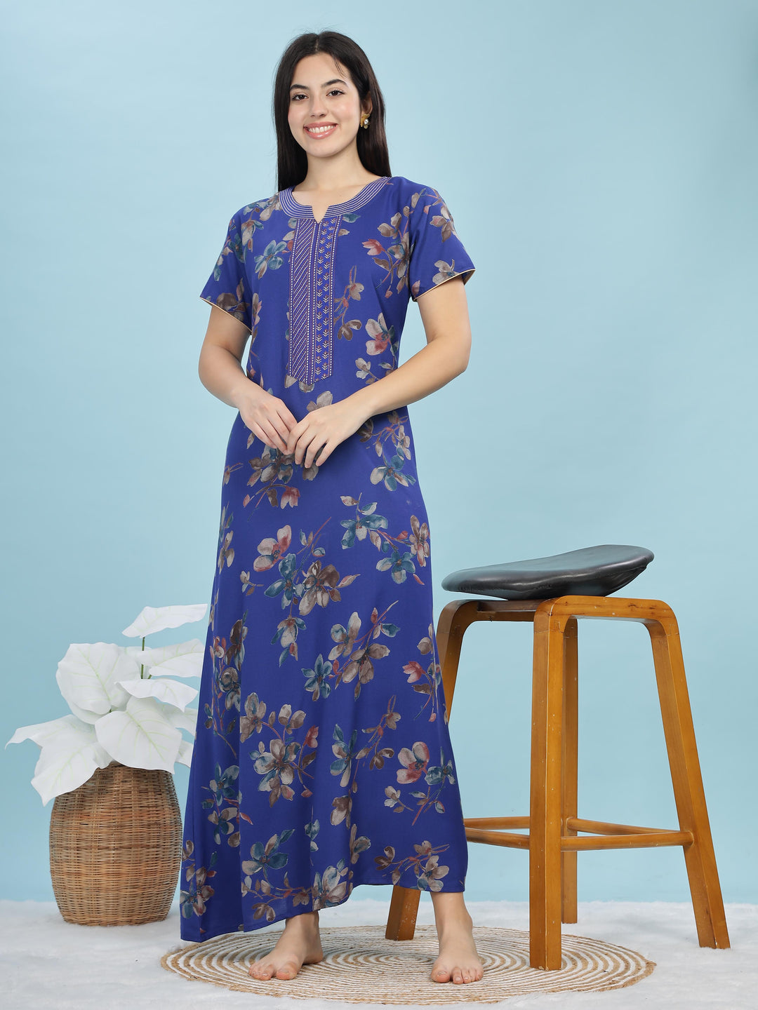 Cobalt Blue Floral A-Line Nighty | Elegant Alpine Maxi with Pocket