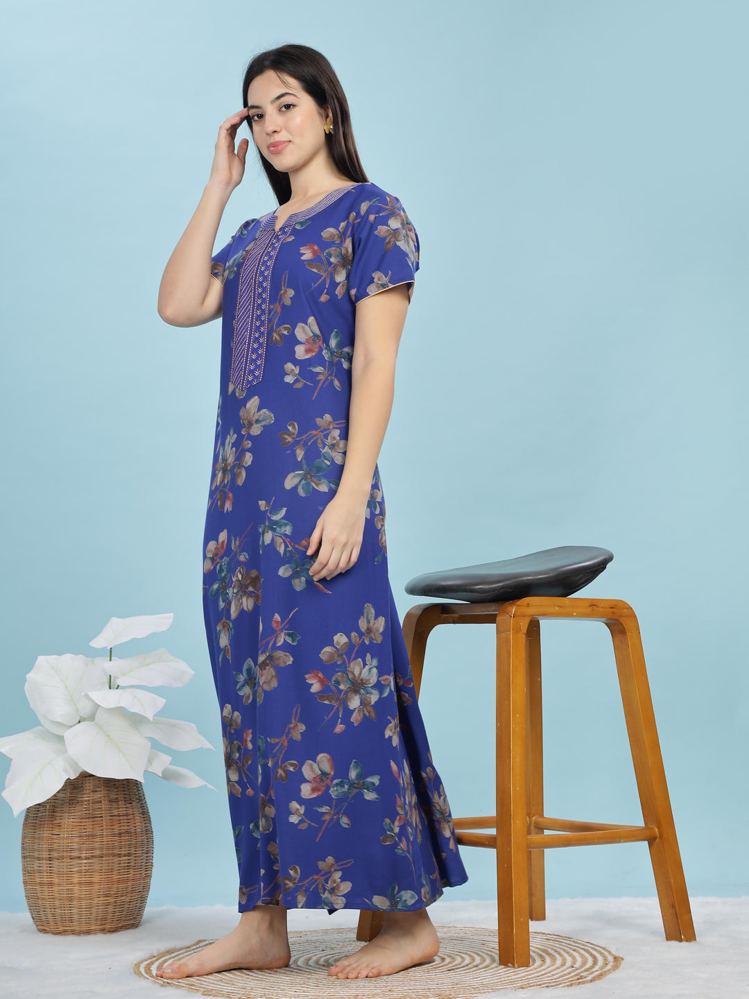 Cobalt Blue Floral A-Line Nighty | Elegant Alpine Maxi with Pocket