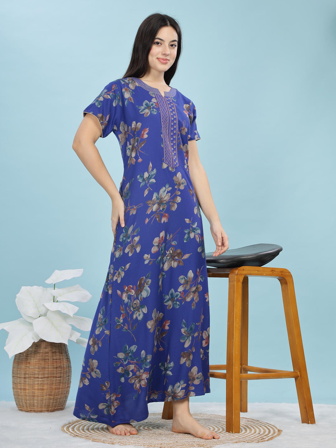 Cobalt Blue Floral A-Line Nighty | Elegant Alpine Maxi with Pocket