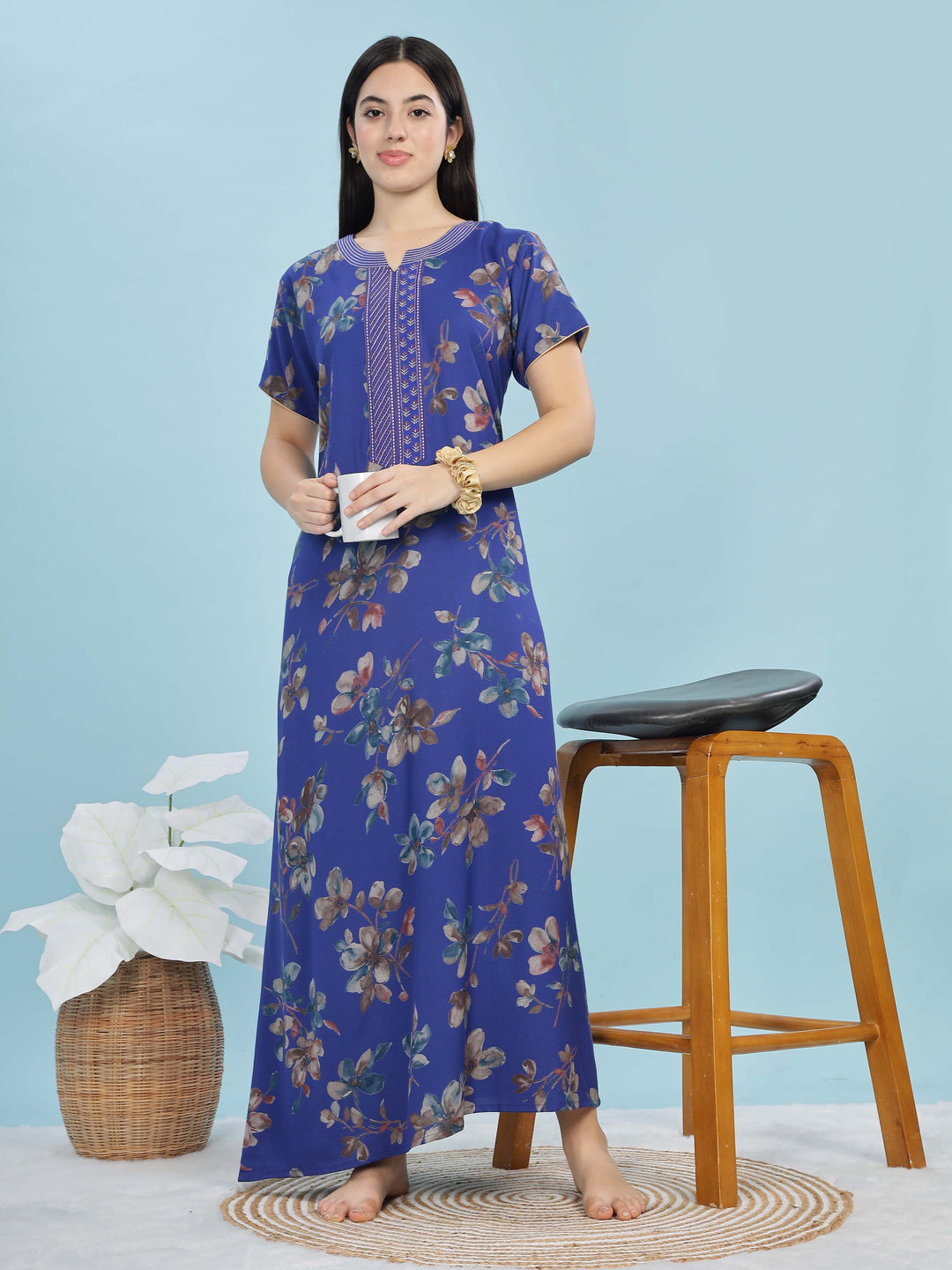 Cobalt Blue Floral A-Line Nighty | Elegant Alpine Maxi with Pocket