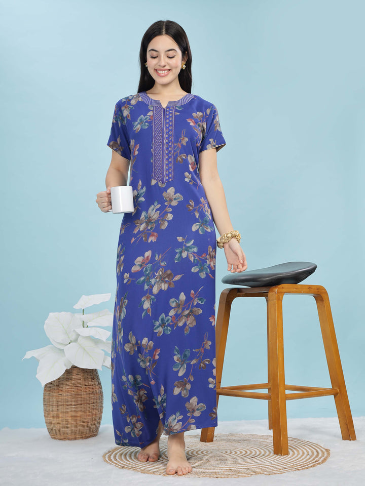 Cobalt Blue Floral A-Line Nighty | Elegant Alpine Maxi with Pocket