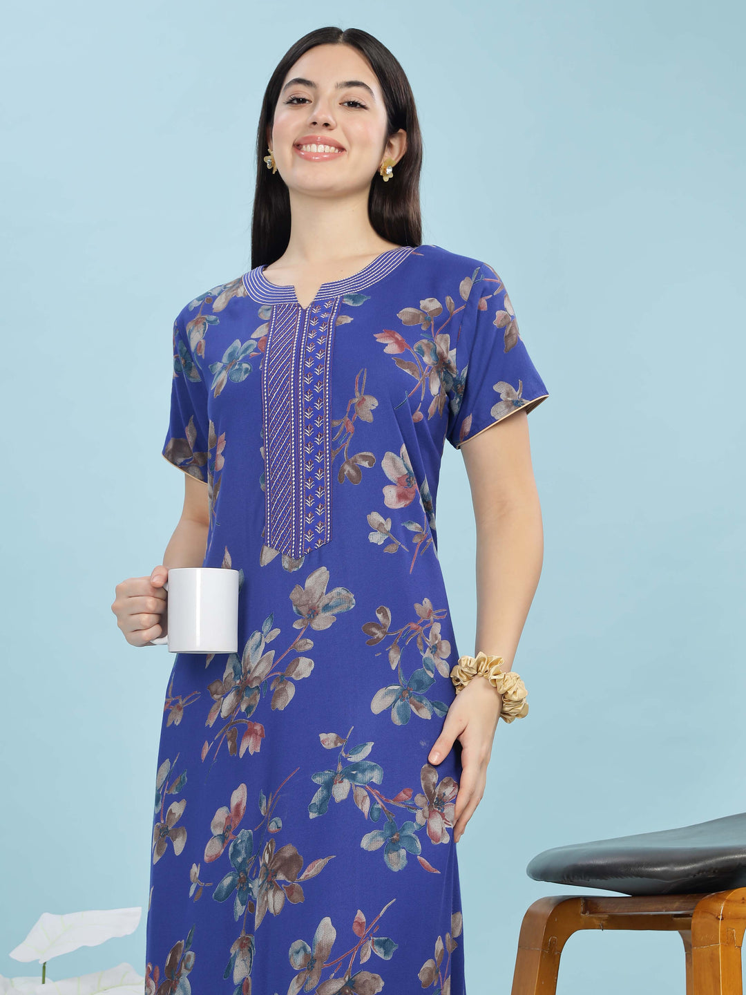 Cobalt Blue Floral A-Line Nighty | Elegant Alpine Maxi with Pocket