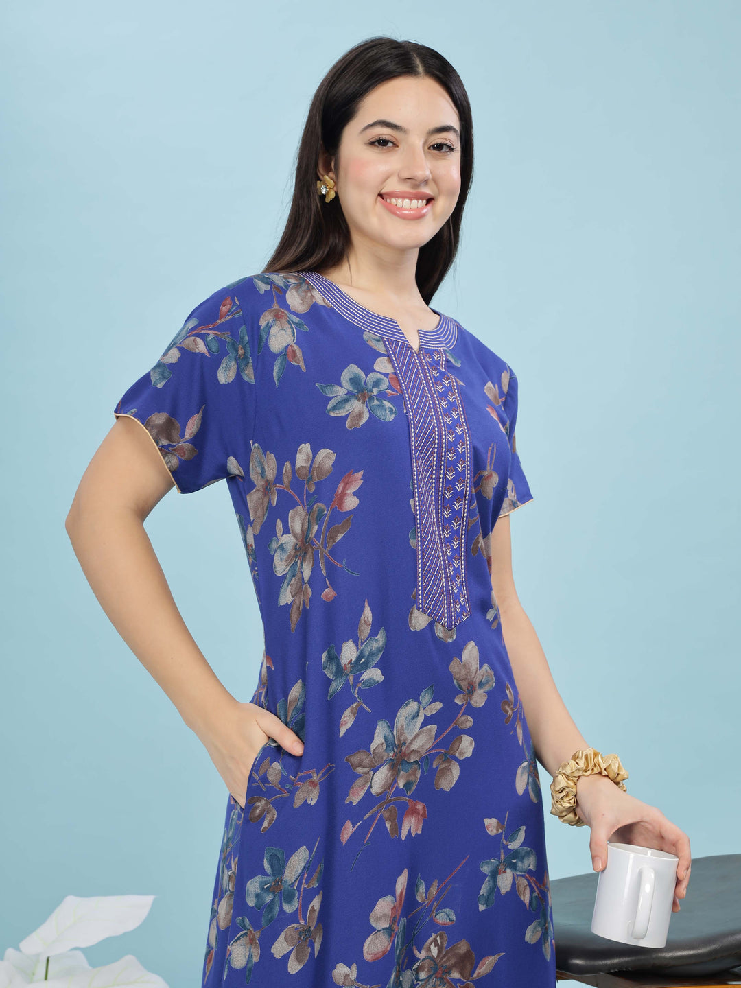 Cobalt Blue Floral A-Line Nighty | Elegant Alpine Maxi with Pocket