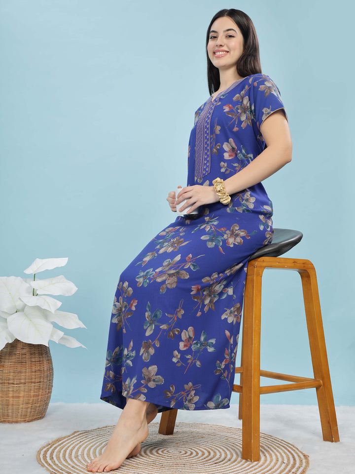 Cobalt Blue Floral A-Line Nighty | Elegant Alpine Maxi with Pocket