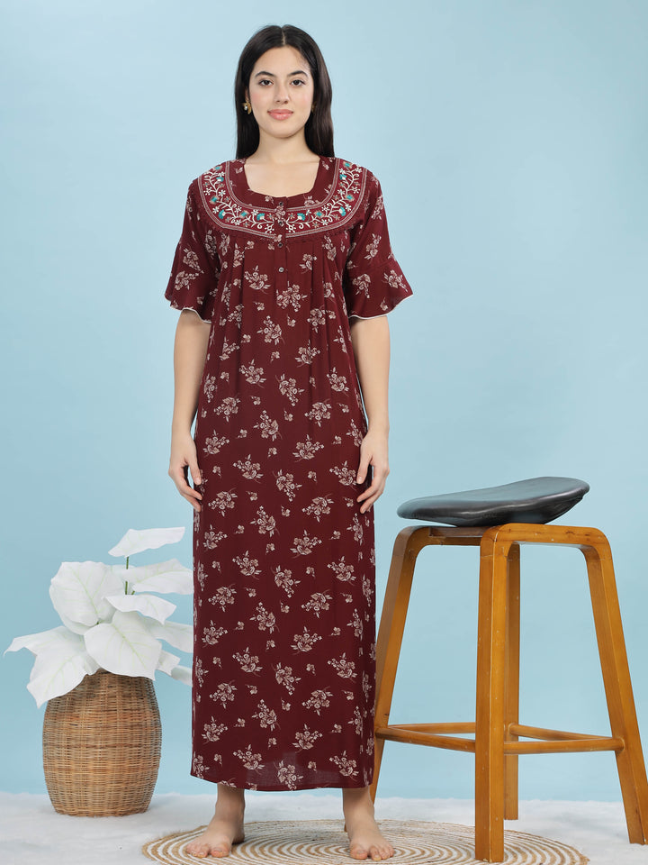 Alpine Maroon Designer Nighty Floral Print & Embroidered Neckline